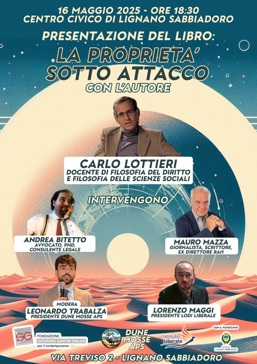 Locandina della presentazione del libro «La proprietà sotto attacco» con Carlo Lottieri, 16 maggio 2025